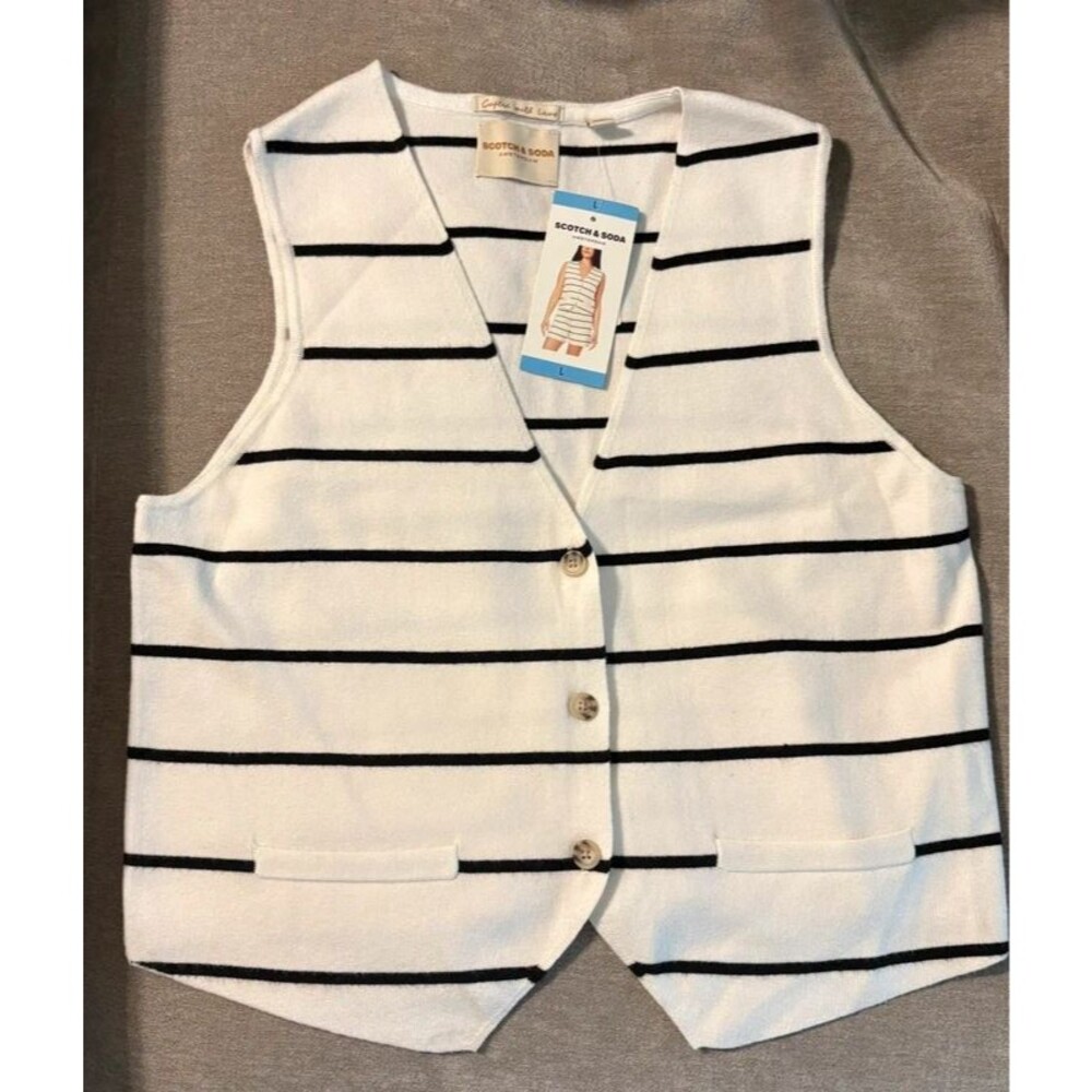 Scotch & Soda Amsterdam Sweater Vest White Black Stripes NWT